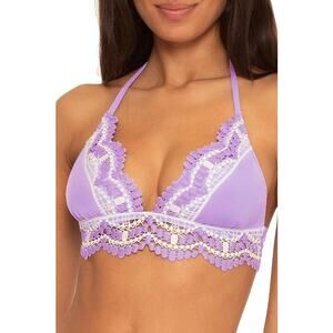 BECCA Iris Delilah Crochet Lace Trimmed Halter Adjustable Tie Back Bikini Top M